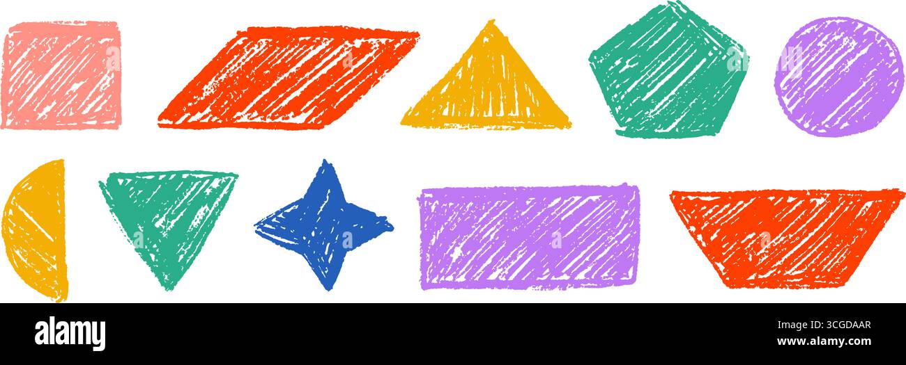 Colorful crayon scribbled shape set. Hand drawn charcoal geometric doodle collection. Color textured form pack for sticker, patch, badge. Vector childish sketched rectangle, triangle, circle elements Stock Vector