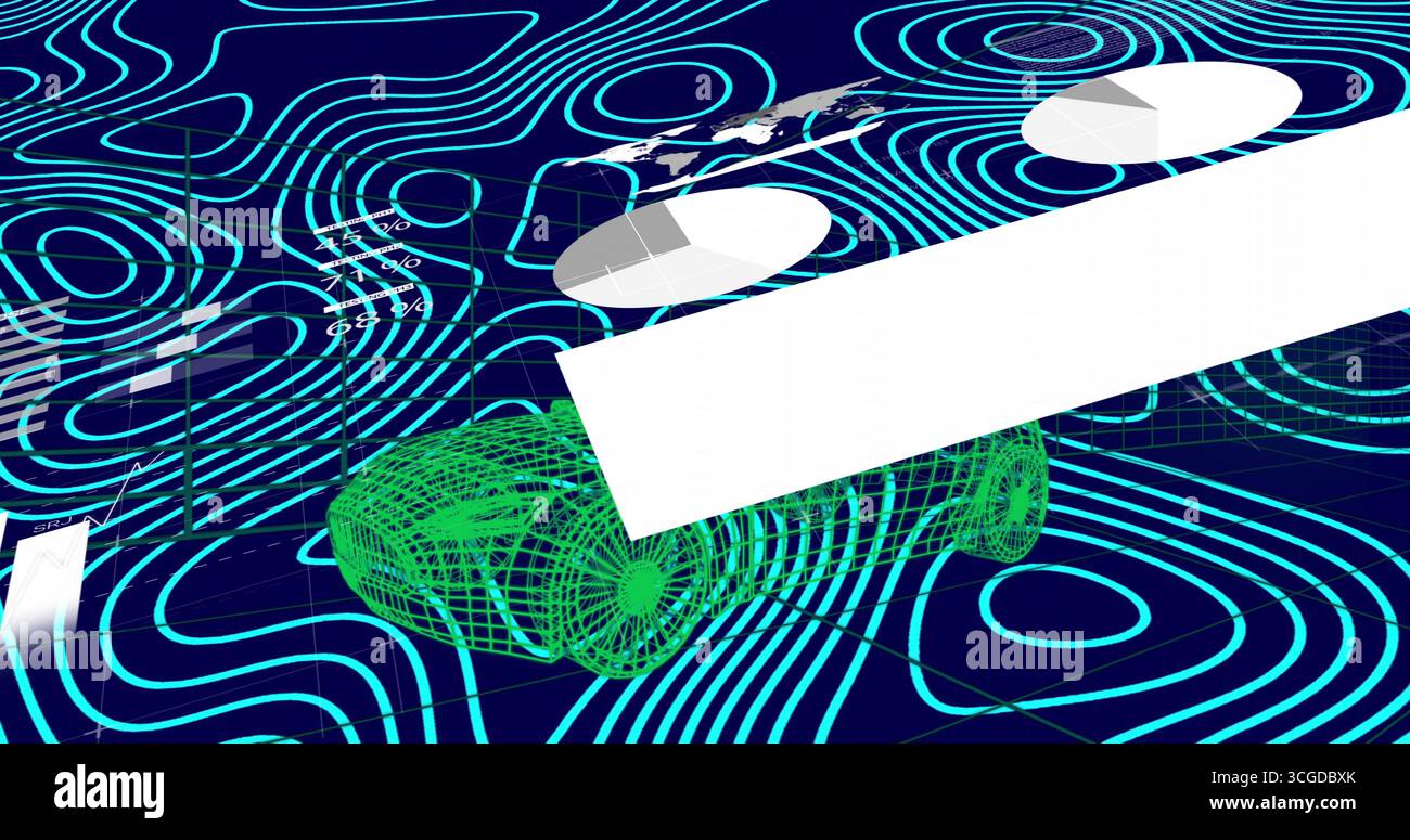 Displaying green wireframe car model hovering over interface with white diagonal bar and pie charts Stock Photo