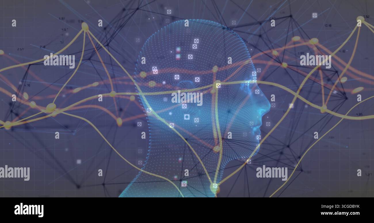 Displaying 3D mesh head linking data nodes with lines in virtual network, with floating data icons Stock Photo