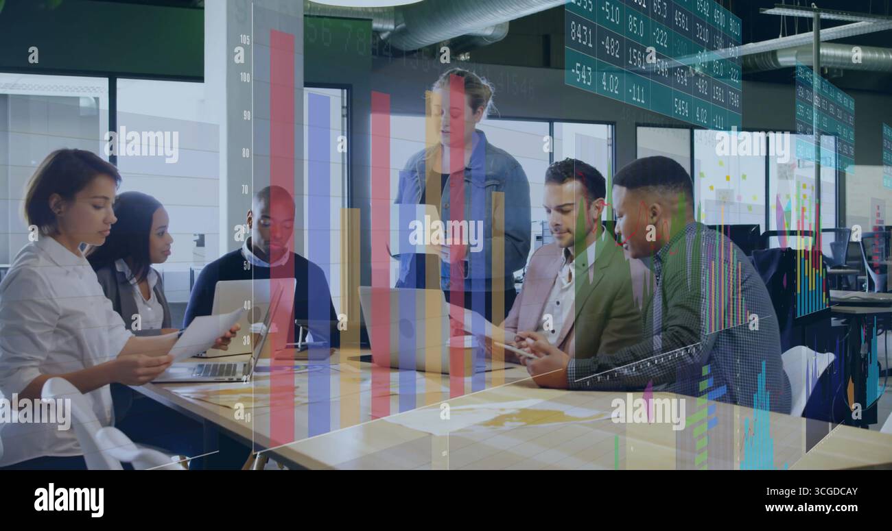 Six professionals collaborating around conference table in office, with ...