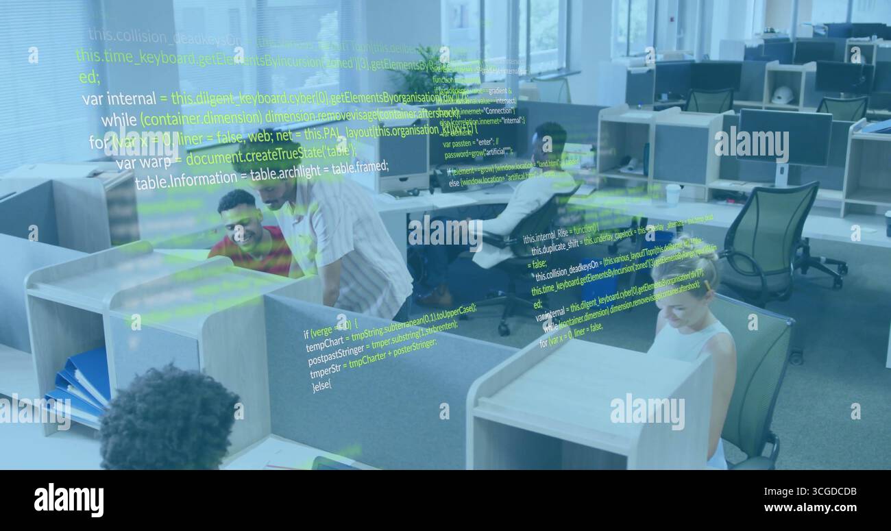 Coding software engineers typing code in open plan office, with ...