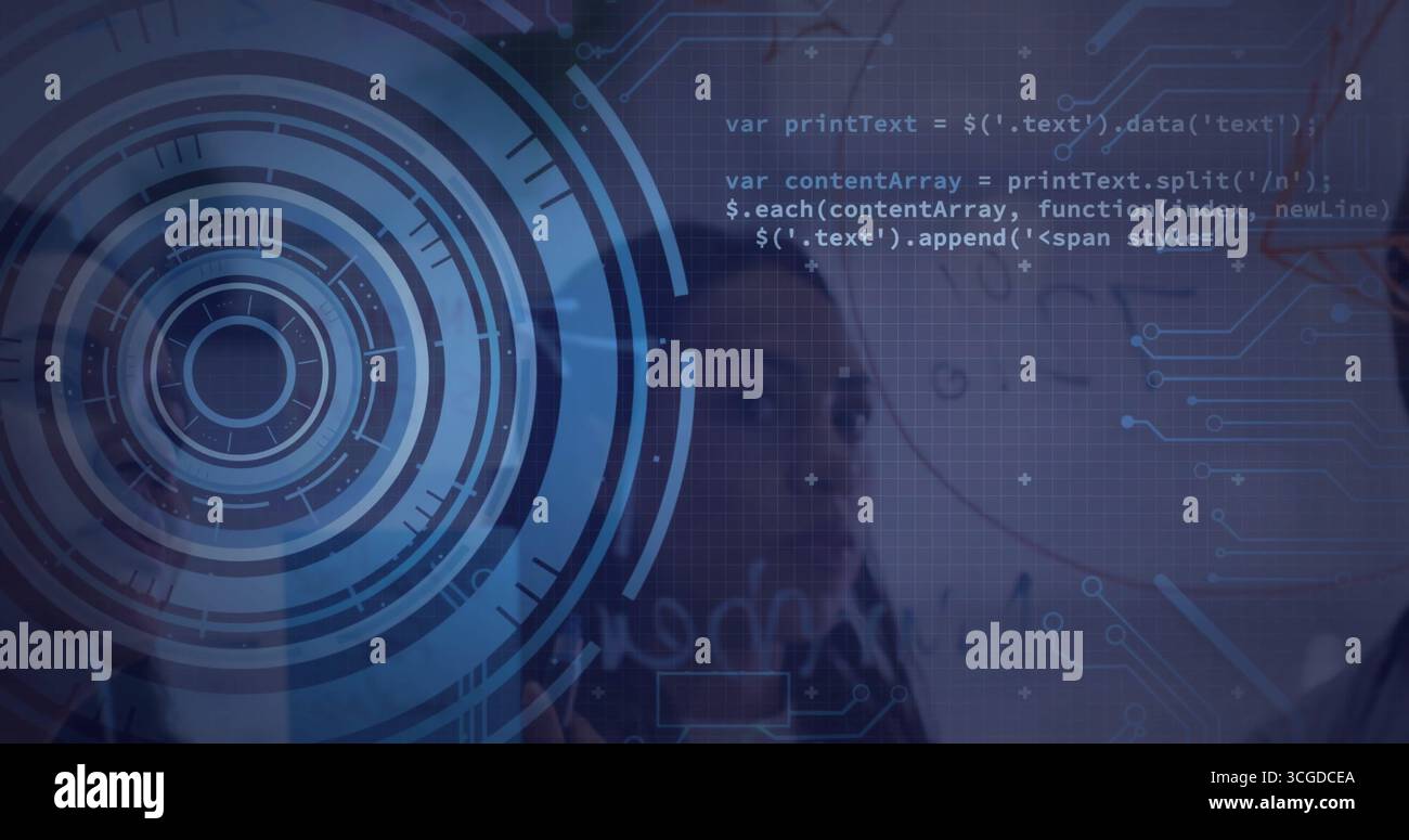 Overlaying circular HUD graphic on professional face in digital interface, with code, copy space Stock Photo