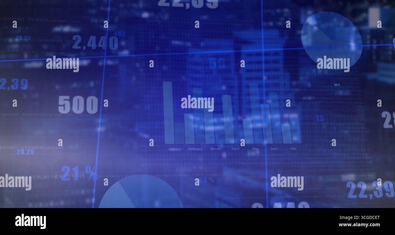 Displaying data overlay over night skyline with bar chart, numeric figures, grid, pie-chart circles Stock Photo