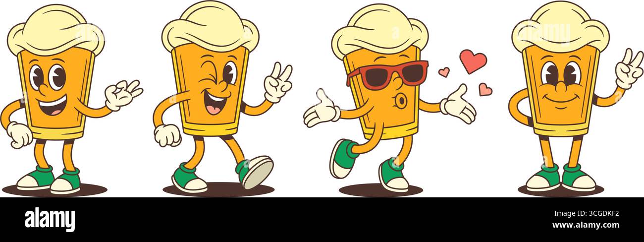 Cartoon beer mascot character shows peace, ok sign and kiss gesture while expressing cheerful emotions through animated face and playful movements. Ve Stock Vector