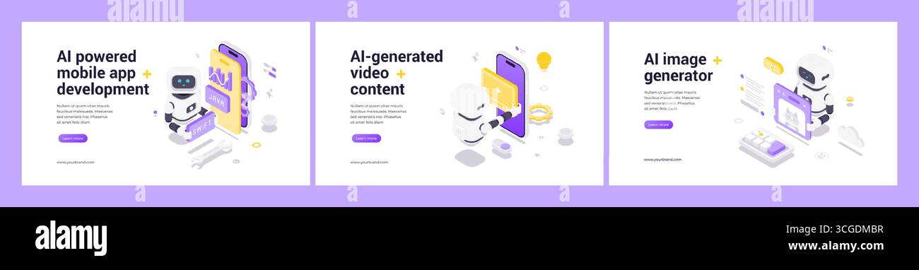 Isometric web banners featuring AI robots automating mobile app development, video content creation, and image generation with advanced tools for mode Stock Vector