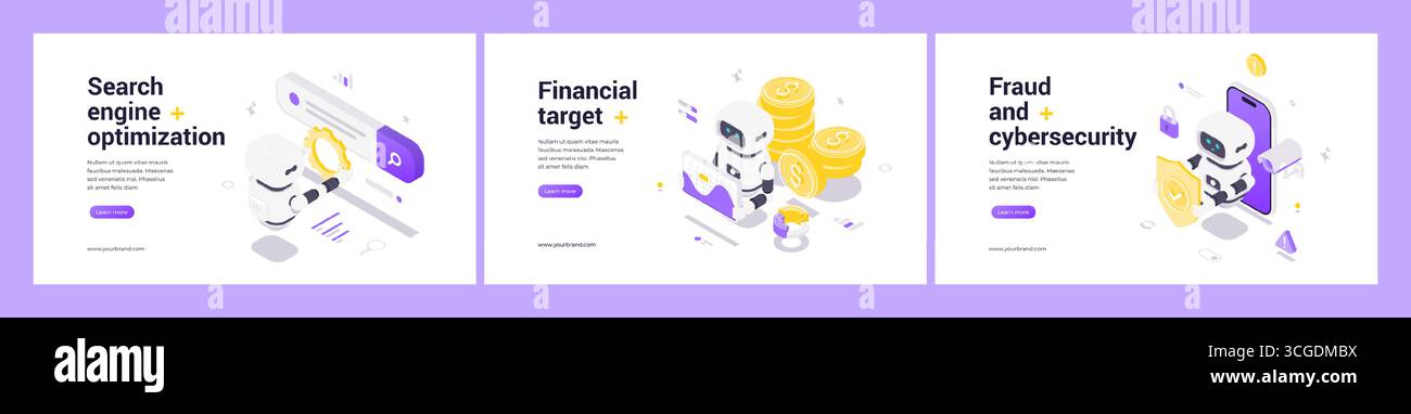 Isometric web banner set featuring AI robot for search engine optimization, financial growth targets, fraud prevention, cybersecurity protection, data Stock Vector