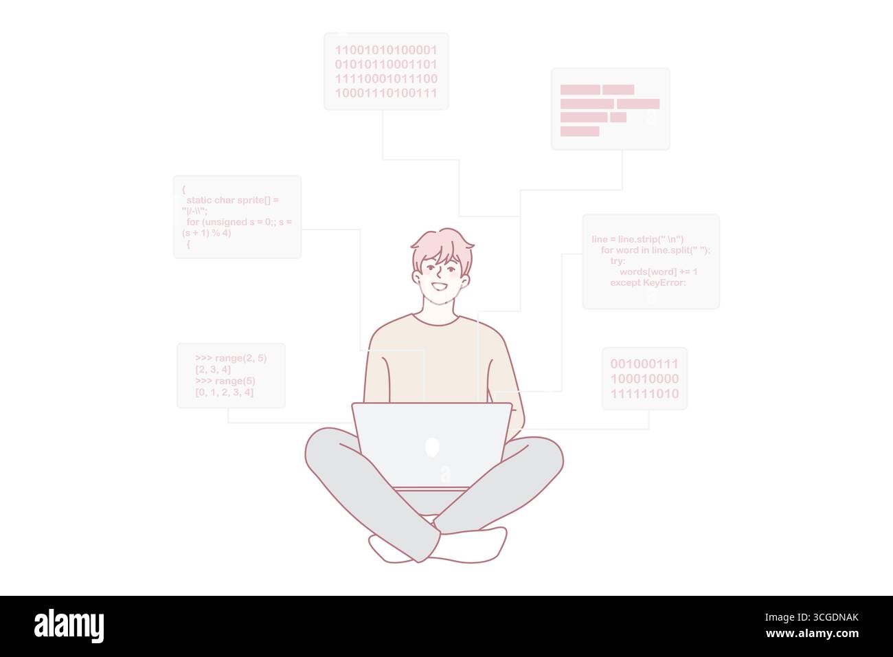 Smiling male software engineer working on computer writing codes and programs. Happy man programmer or backend developer busy on laptop, programming, creating scripts. Vector illustration. Stock Vector