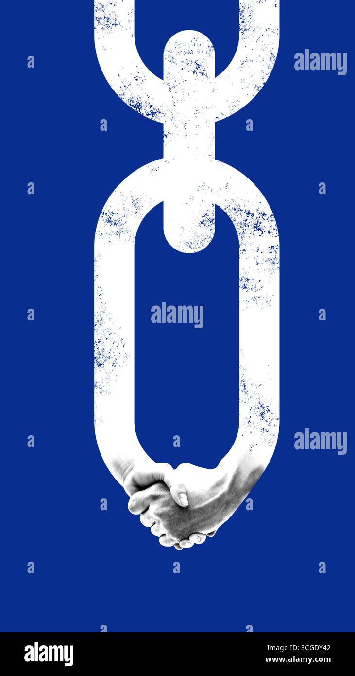 Human handshake inside chain link symbolizing fragile unity and ...