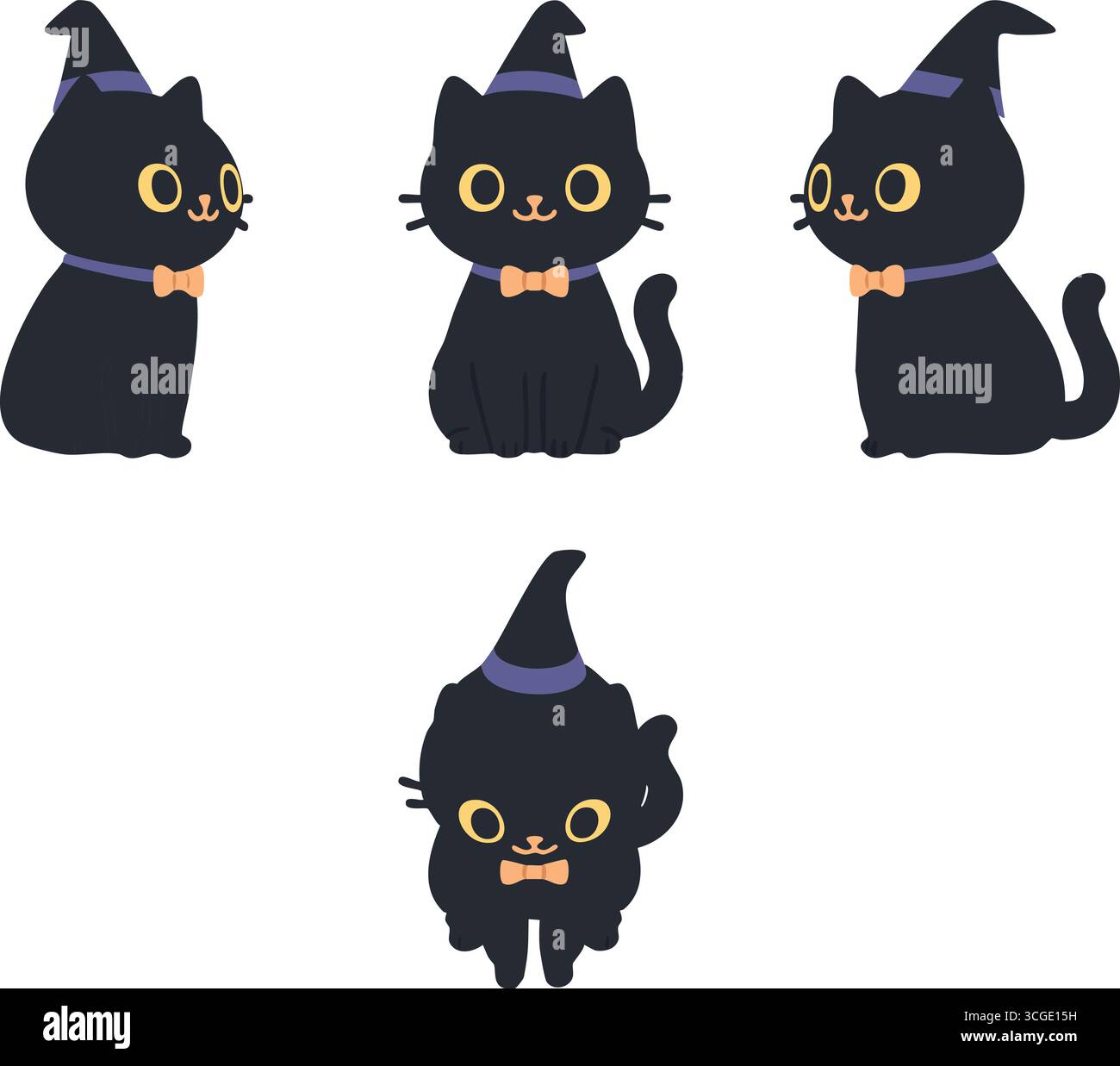 Round eyed black cats wear pointed hats and pose facing left right and forward on a white background. Stock Vector