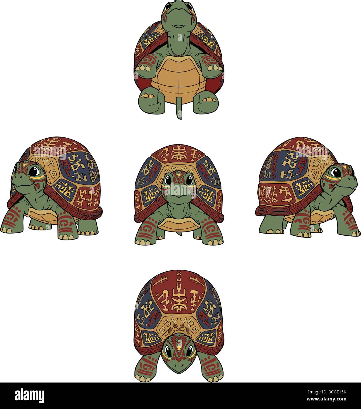 Hefty tortoises are illustrated with richly patterned shells in earthy ...