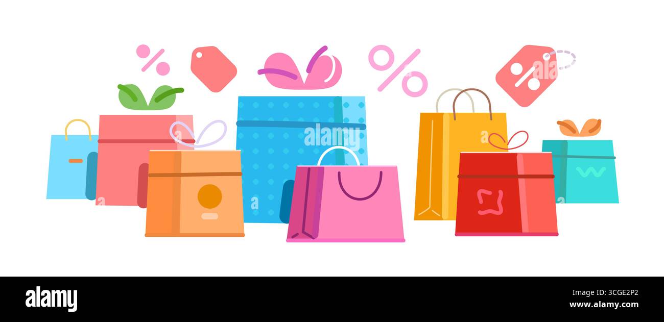 Colored boxes with bows and shopping bags. E-commerce, retail concept Stock Vector