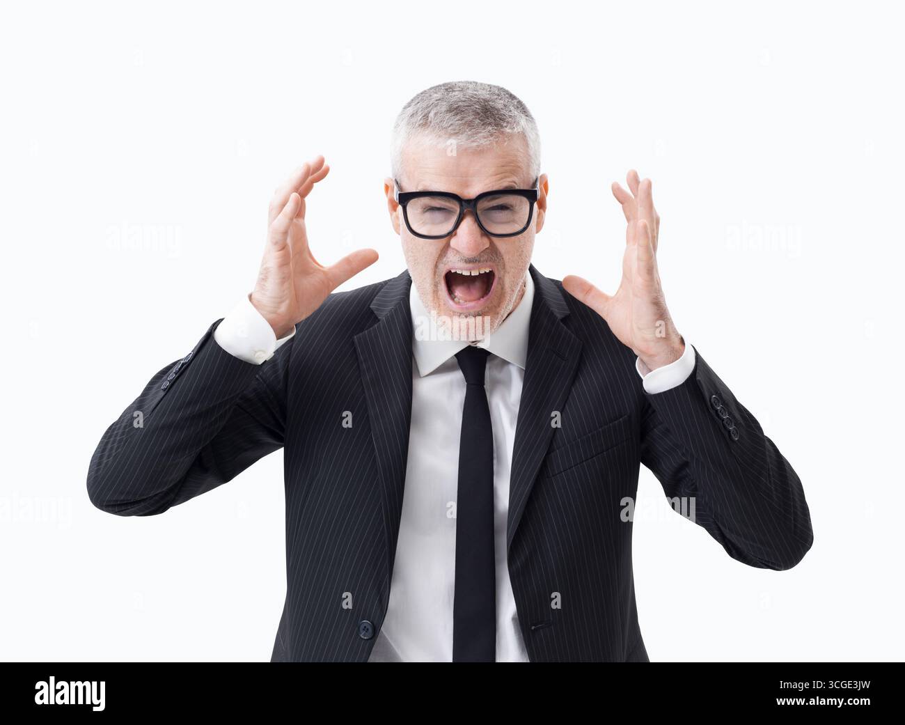 Portrait of a middle-aged businessman screaming and despairing, half-length isolated on white background Stock Photo