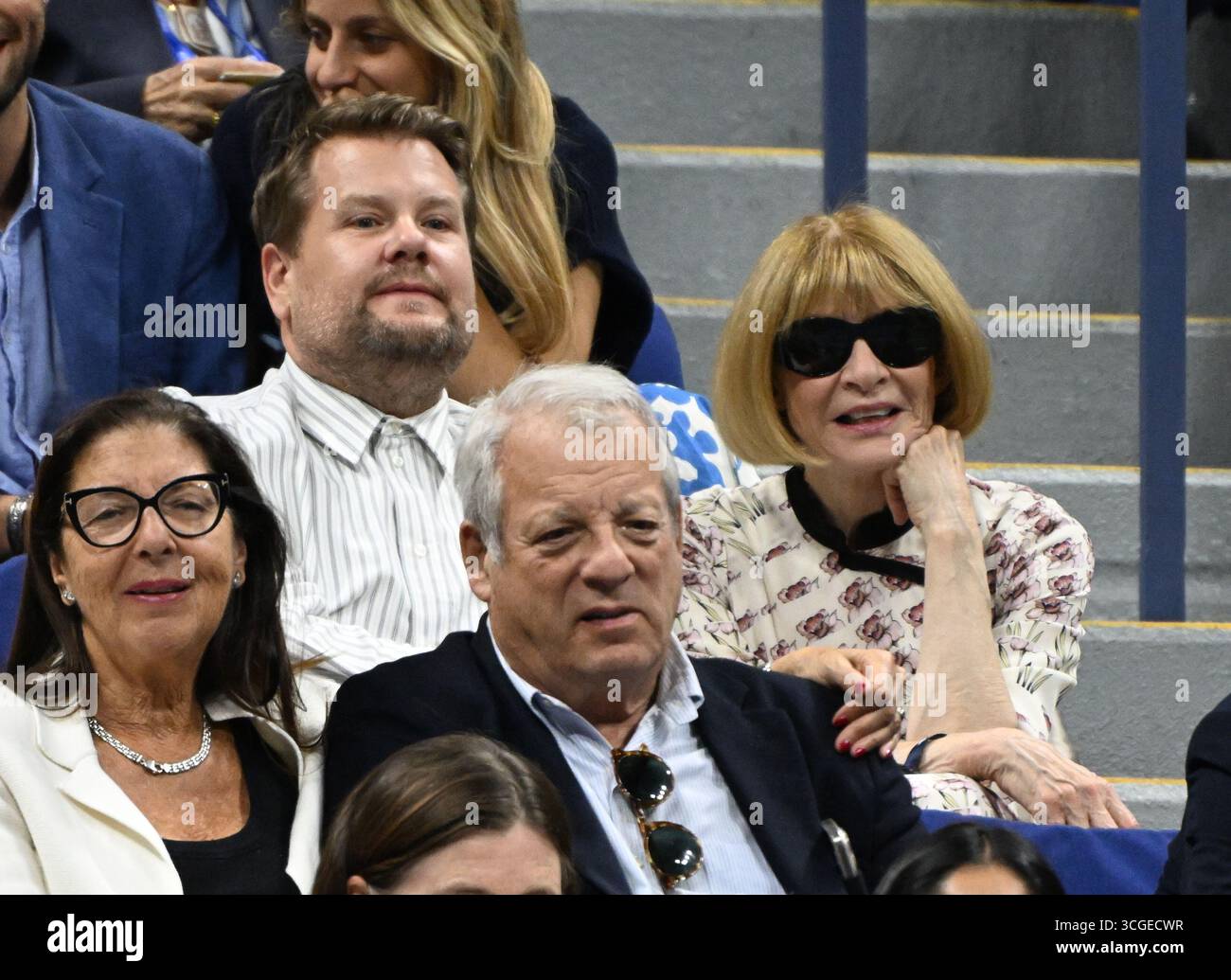FLUSHING NY- AUGUST 27: James Corden and Anna Wintour are seen watching