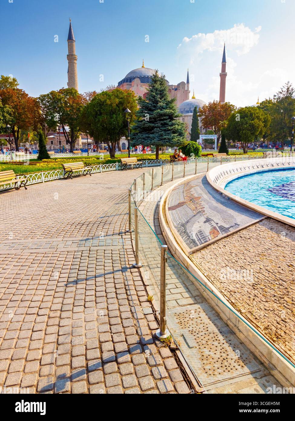 istanbul, turkiye - 18 aug, 2015: hagia sophia mosque view from sultan ahmet park. famous historic architecture building for religion travel. dome and Stock Photo