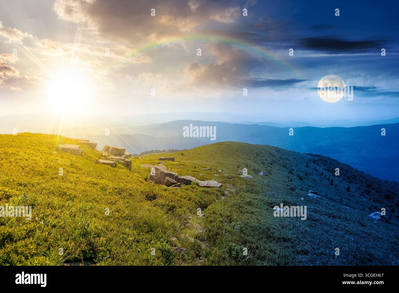 mountain landscape on mid summer. day and night time change concept. green hill and blue sky. scenic nature background for travel in alpine scenery. p Stock Photo