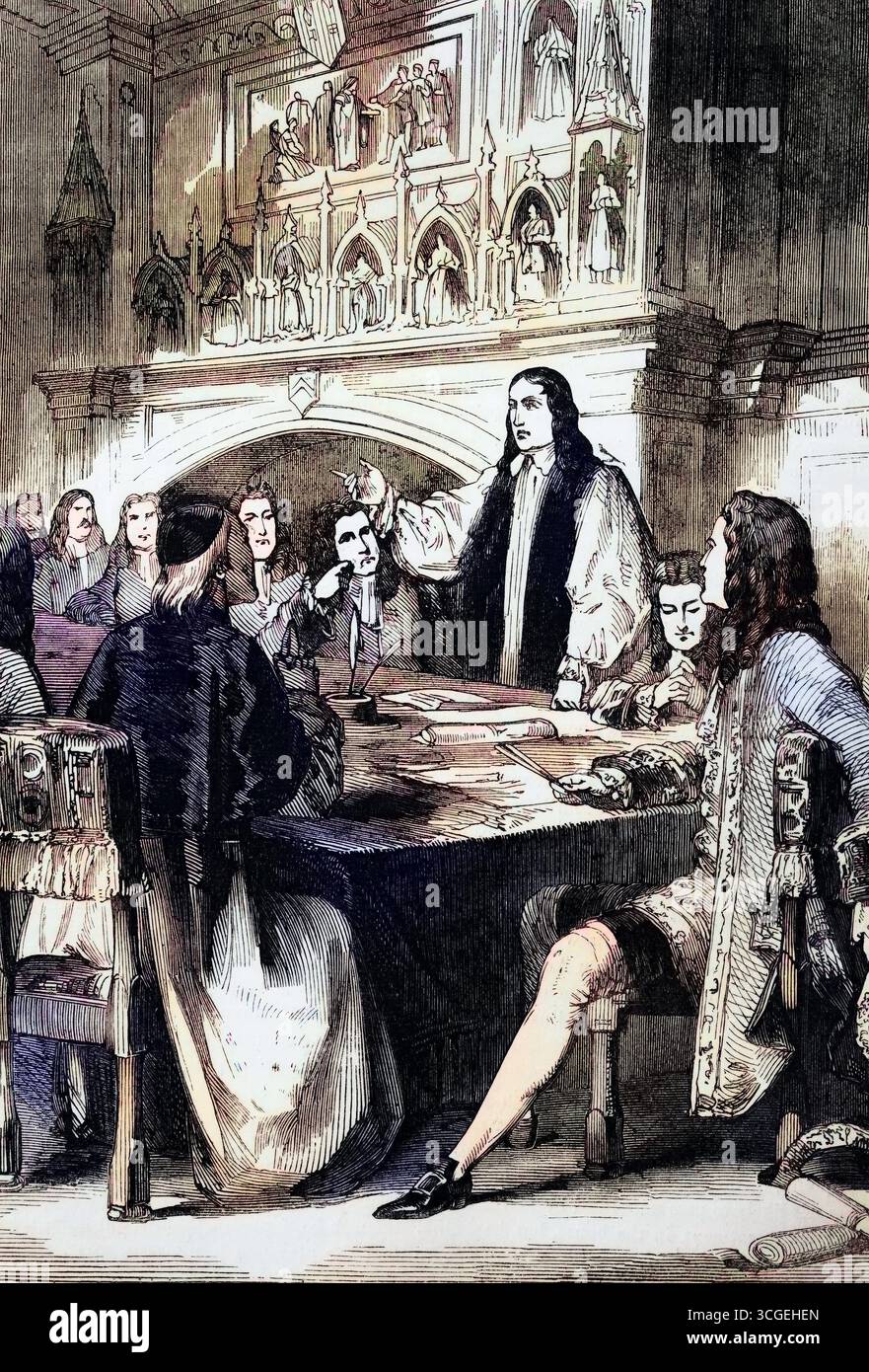 Der Kongress in Utrecht, der im März und April 1713 den Vertrag von Utrecht begründete und dazu beitrug, den Spanischen Erbfolgekrieg zu beenden. Die Verträge wurden zwischen den Vertretern Ludwigs XIV. von Frankreich und Philipps V. von Spanien sowie den Vertretern von Anna, Königin von Großbritannien, dem Herzog von Savoyen, dem König von Portugal und den Vereinigten Provinzen auf der anderen Seite geschlossen, digitale Reproduktion einer historischen Vorlage Stock Photo