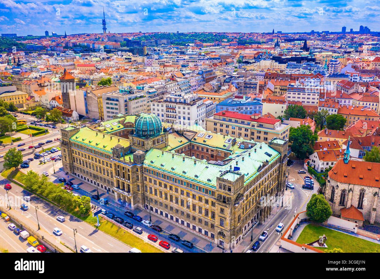 Praha View Drone view of Prague cityscape showing red rooftops, historic buildings ...