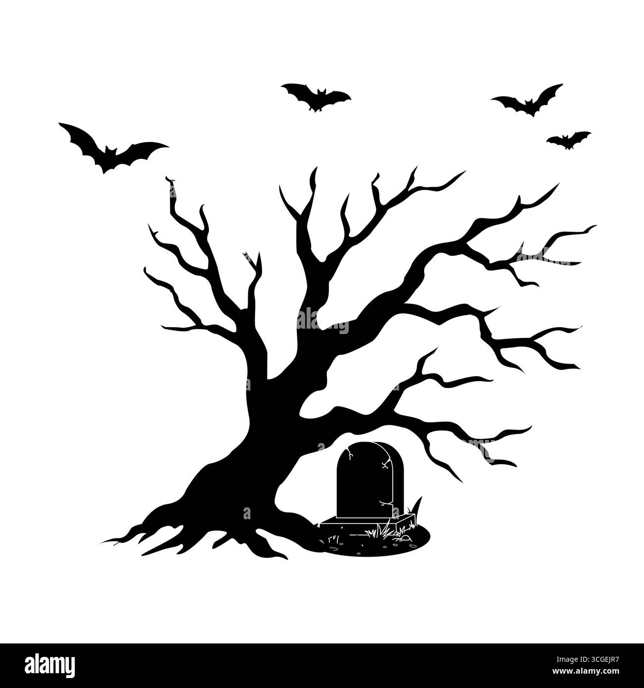 Spooky Tree with Tombstone and Flying Bats Silhouette for Halloween ...