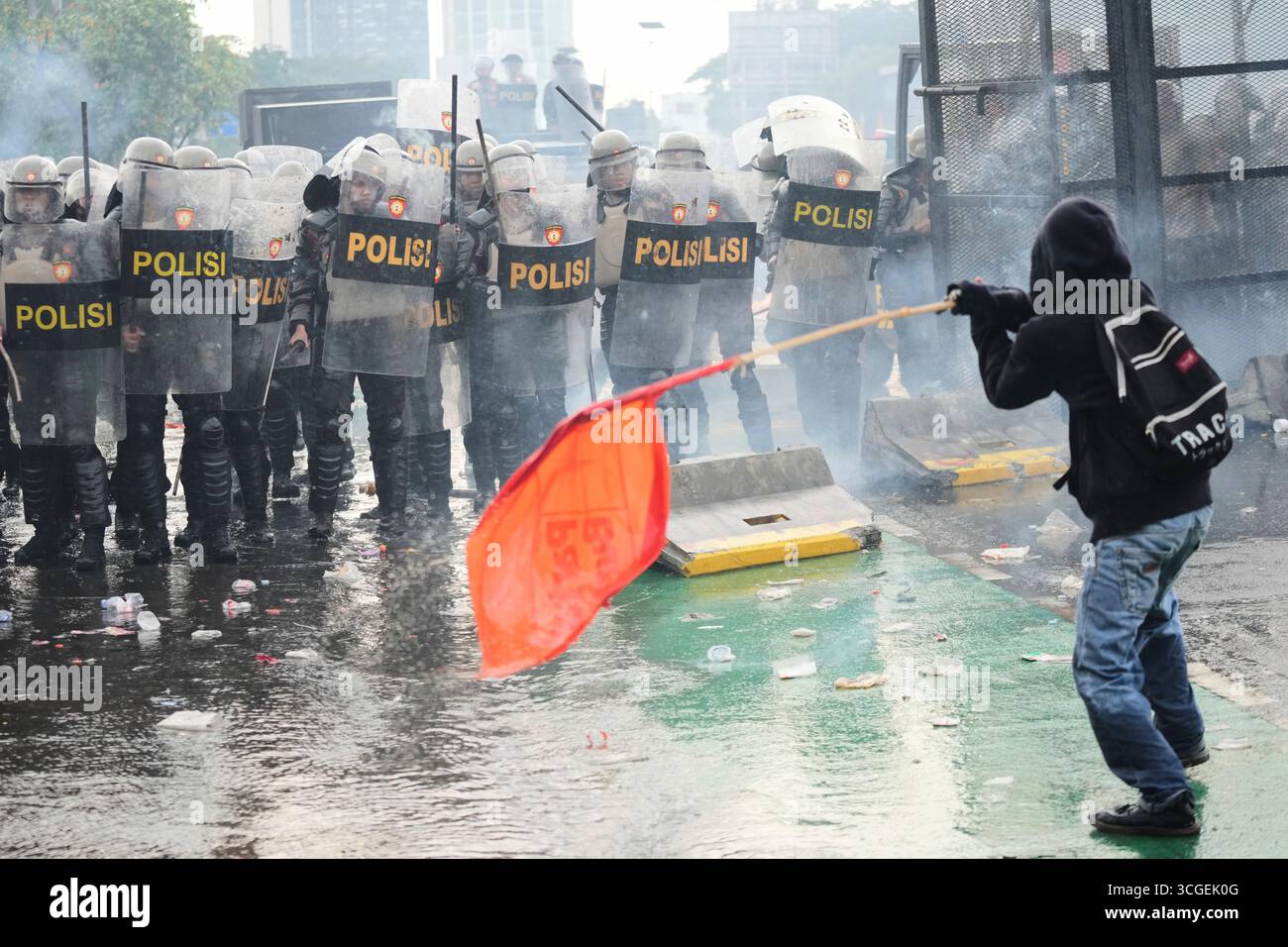 A protester confronts riot police during a protest against lavish ...