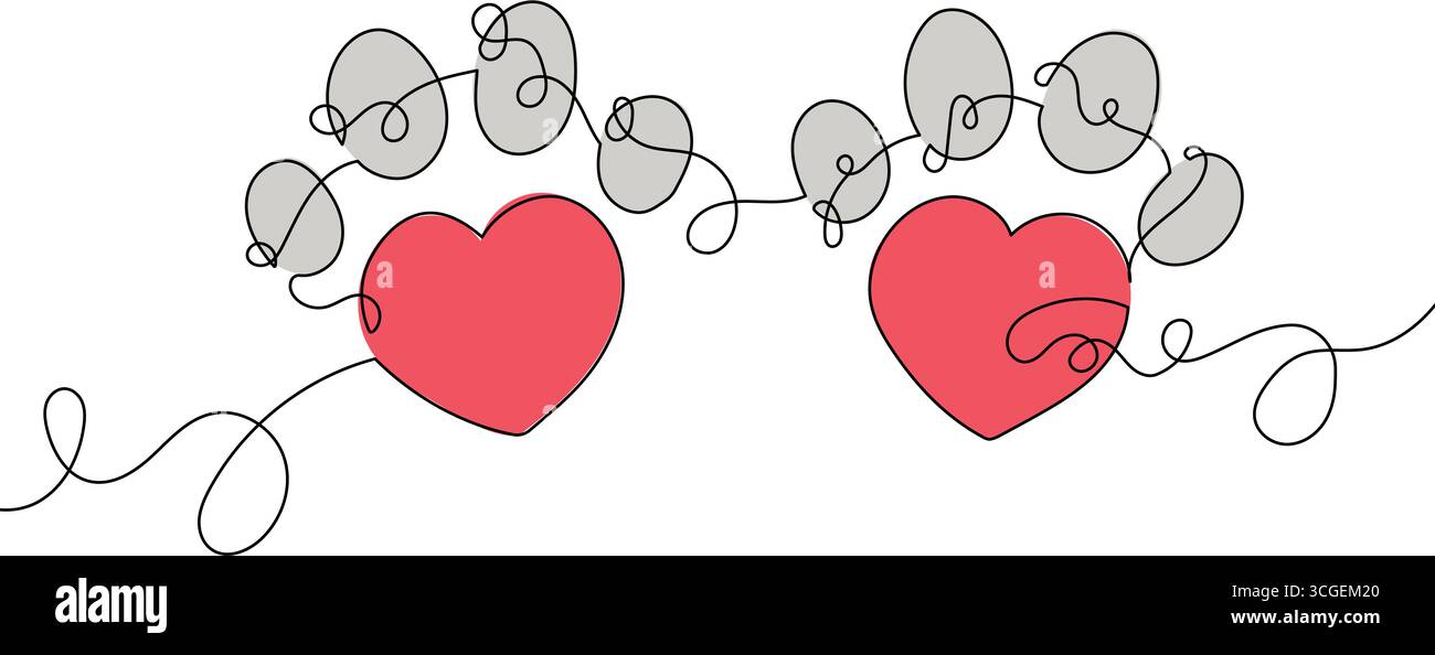 Continuous Line Drawing of Two Red Hearts with Gray Scribble Clouds Stock Vector