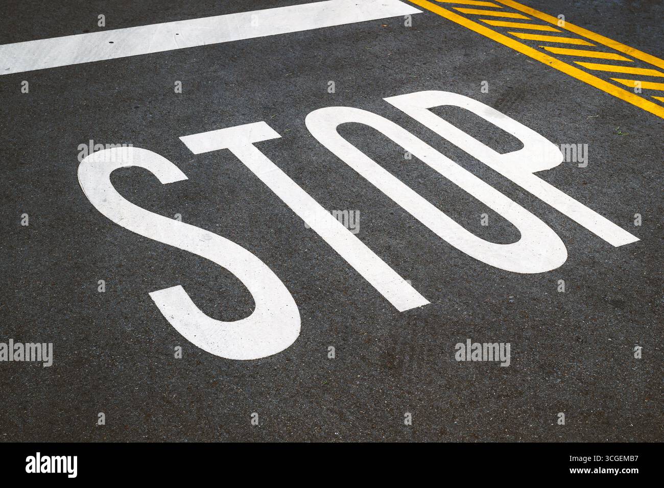 White stop sign painted on asphalt, symbolizing caution and pause. Selective focus. Stock Photo