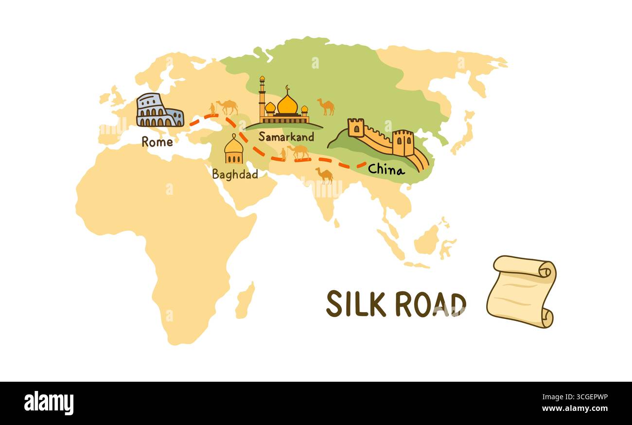 illustration of history and trading, Ancient Silk Road, silk trade with China, The Silk Road was a network of trade routes connecting China and the Fa Stock Photo