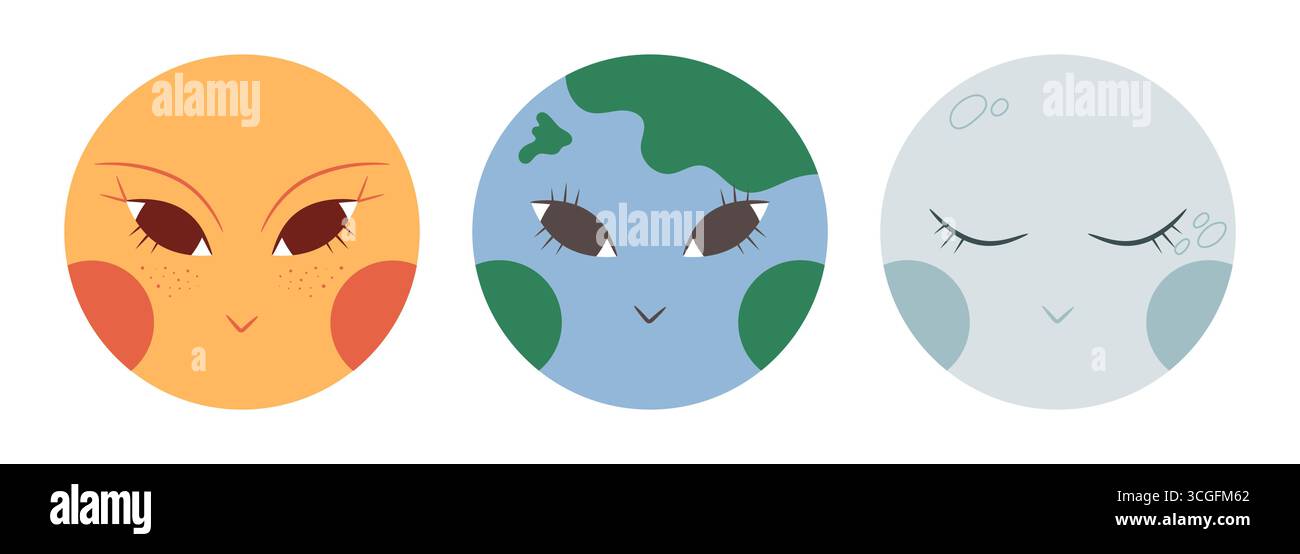 Hand drawn boho planet characters set. Cartoon Sun, Earth and Moon. Vector illustration Stock Vector
