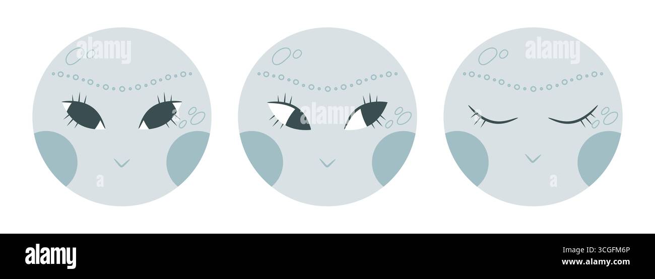 Hand drawn boho moon characters with human face. Cartoon moon set. Vector illustration Stock Vector