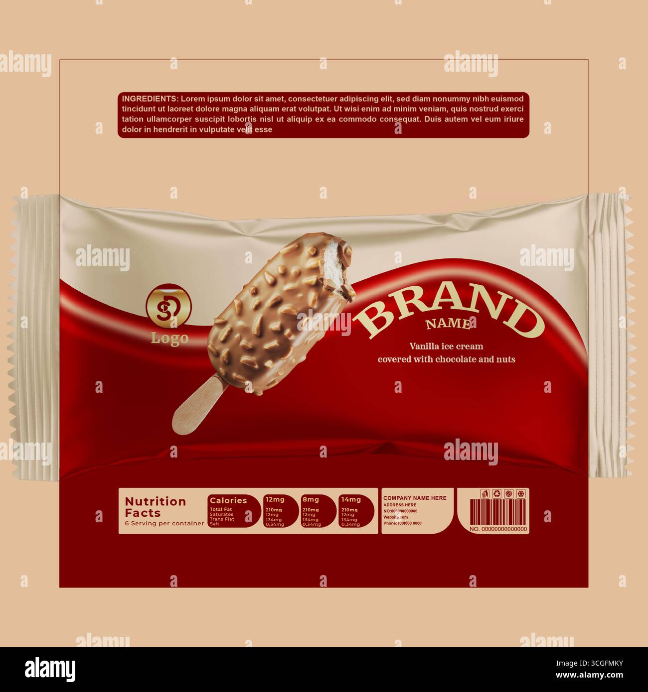 Ice Cream Bar Packaging Mockup – Editable Vector Wrapper Design for Chocolate Vanilla Stick Stock Vector