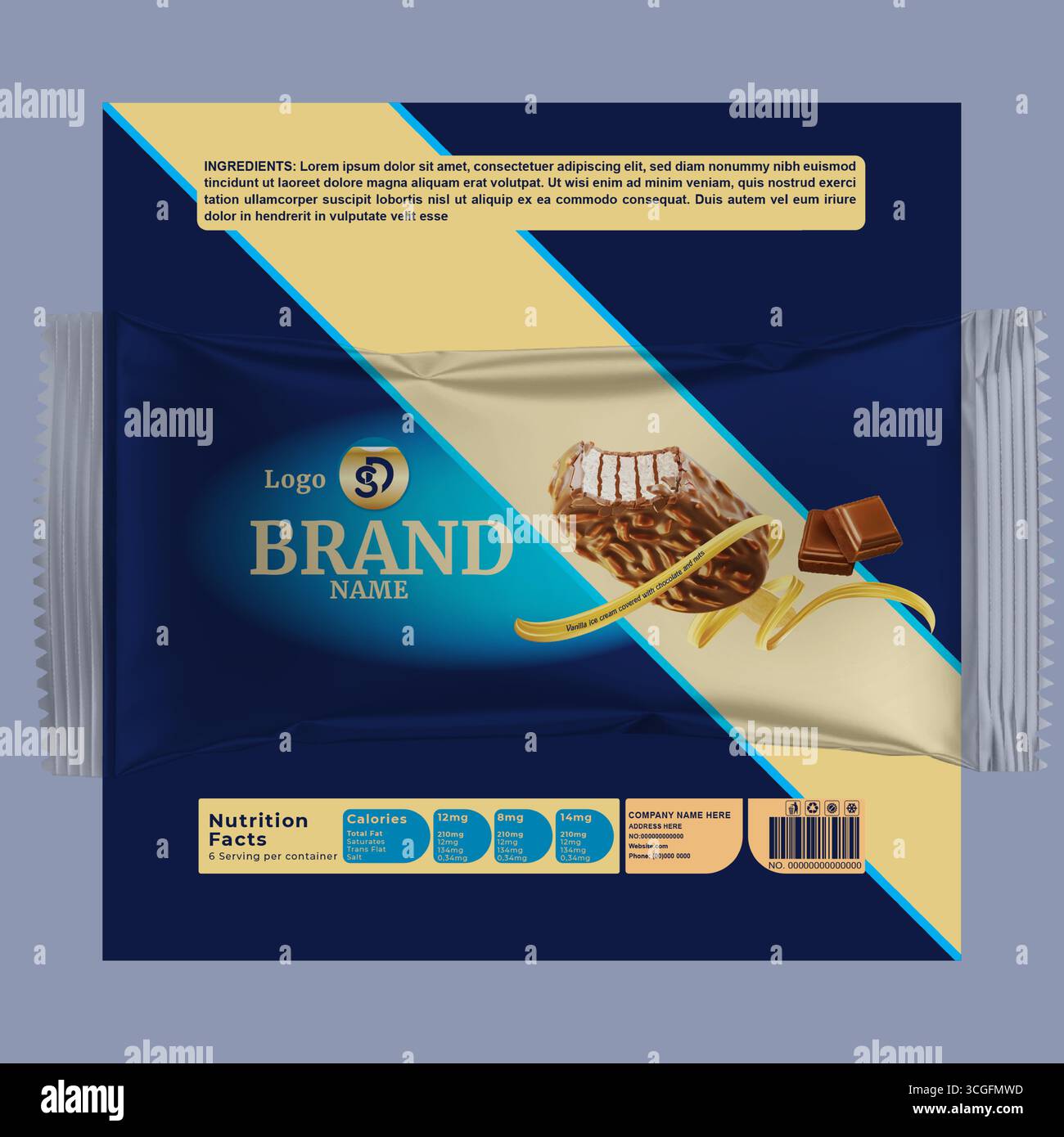 Ice Cream Bar Packaging Mockup – Editable Vector Wrapper Design for Chocolate Vanilla Stick Stock Vector