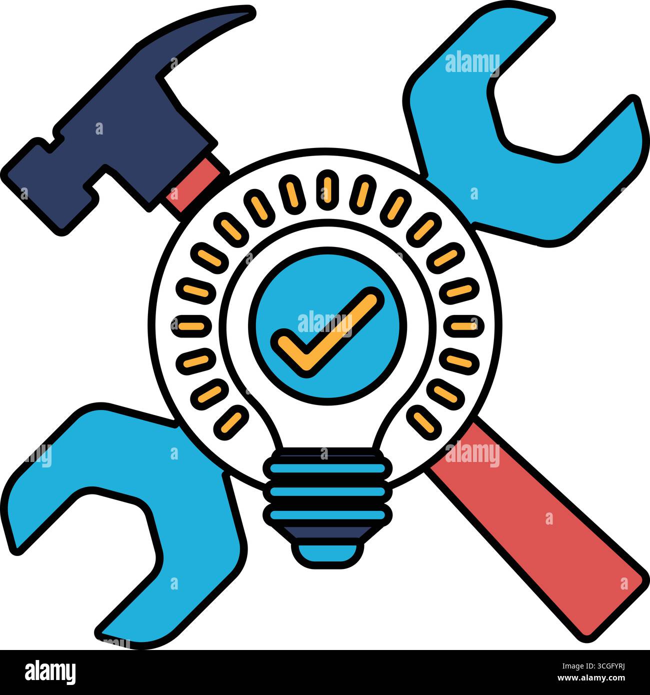 A hammer, wrench, and light bulb are shown in a circle with a check ...