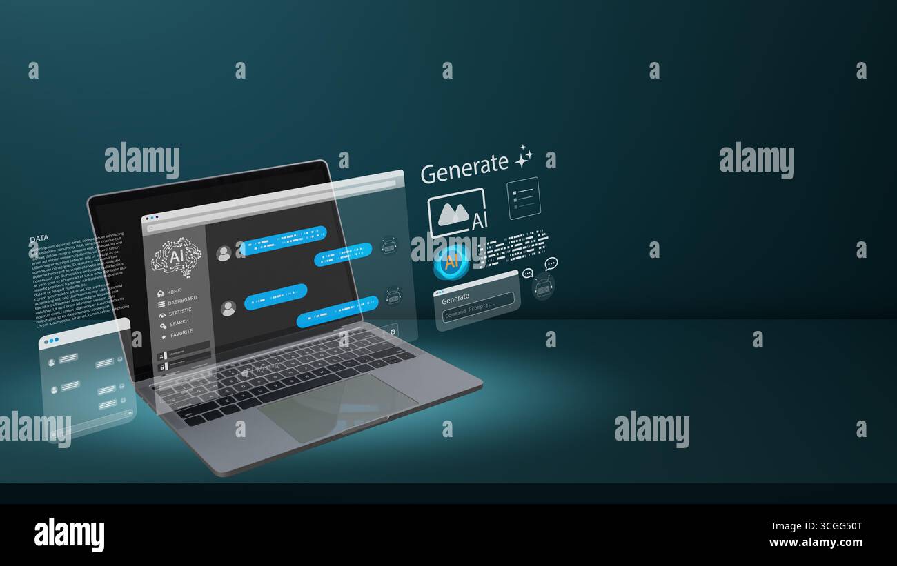 Laptop with futuristic AI-powered chat interface and creative generation tools floating in digital space, concept of artificial intelligence, chatbot Stock Photo