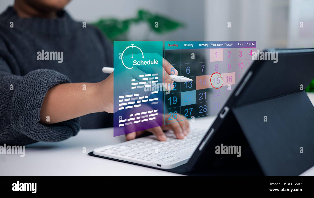 Person using digital tablet with holographic calendar and to-do list interface, concept of modern time management, productivity, scheduling, and effic Stock Photo