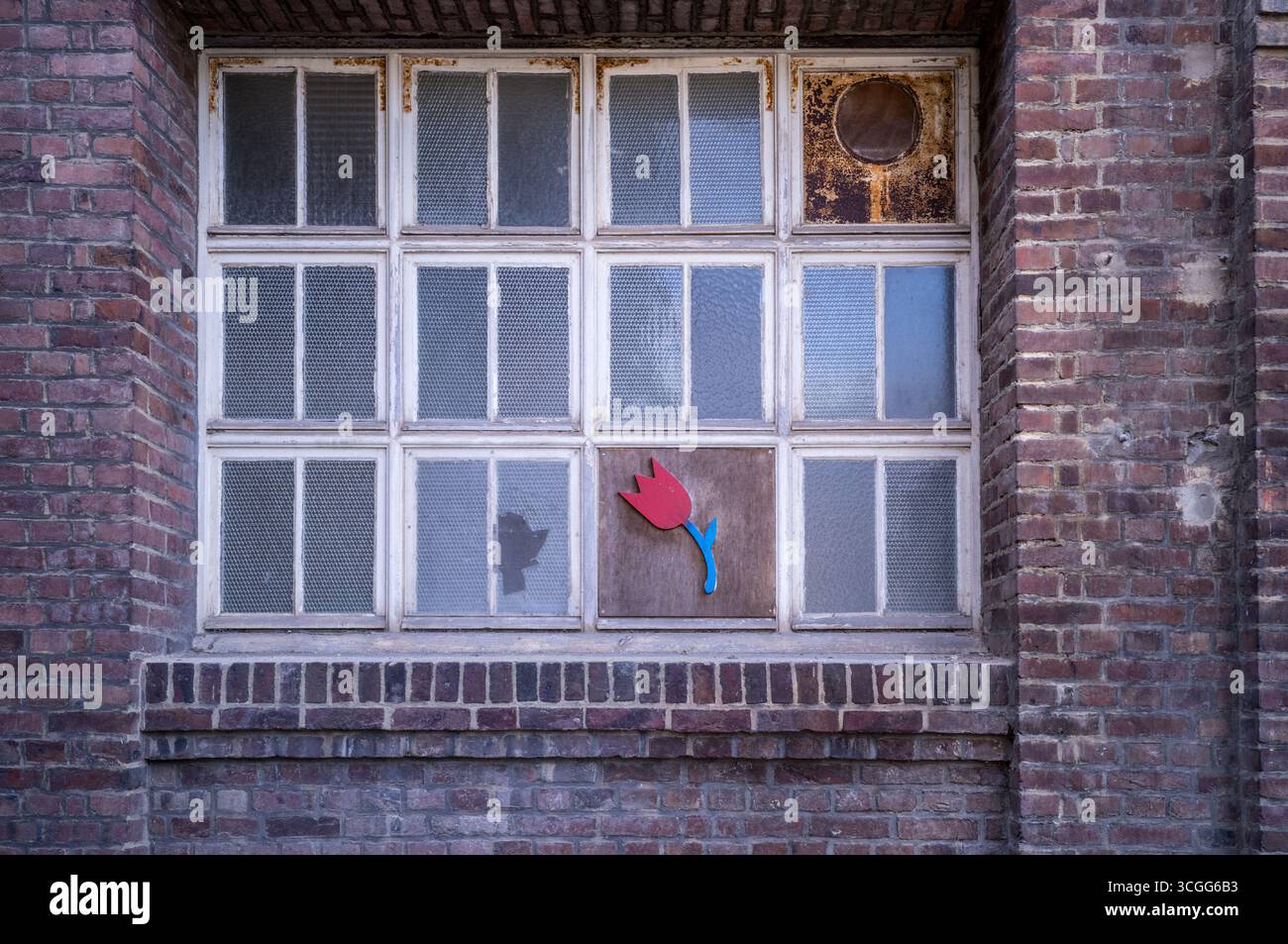 Dilapidated windows with tulip artwork to a house in Honfleur, Normandy France. Stock Photo