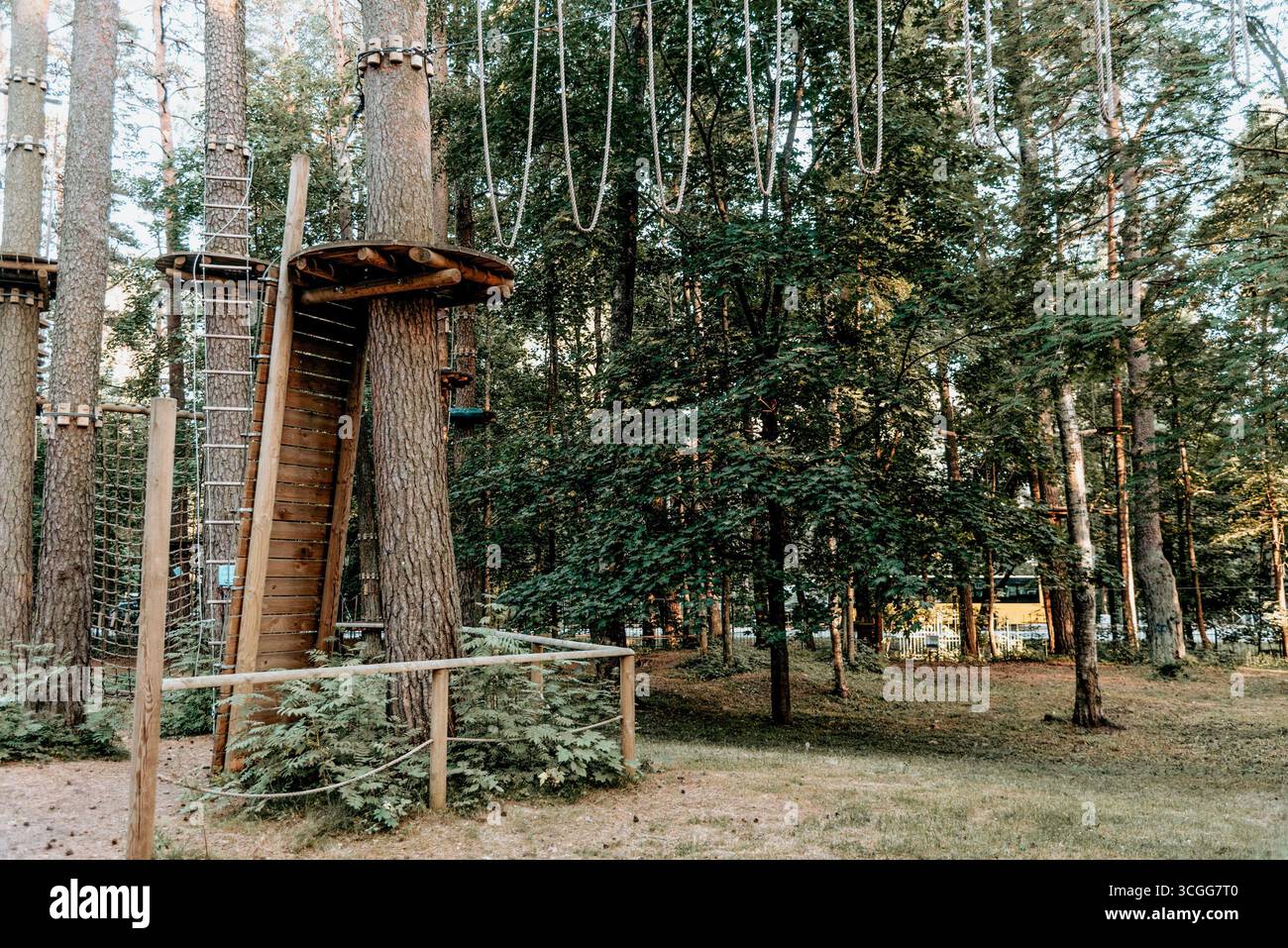 Empty playground with multi-colored play complex in pine forest, panorama on summer cloudy day Stock Photo