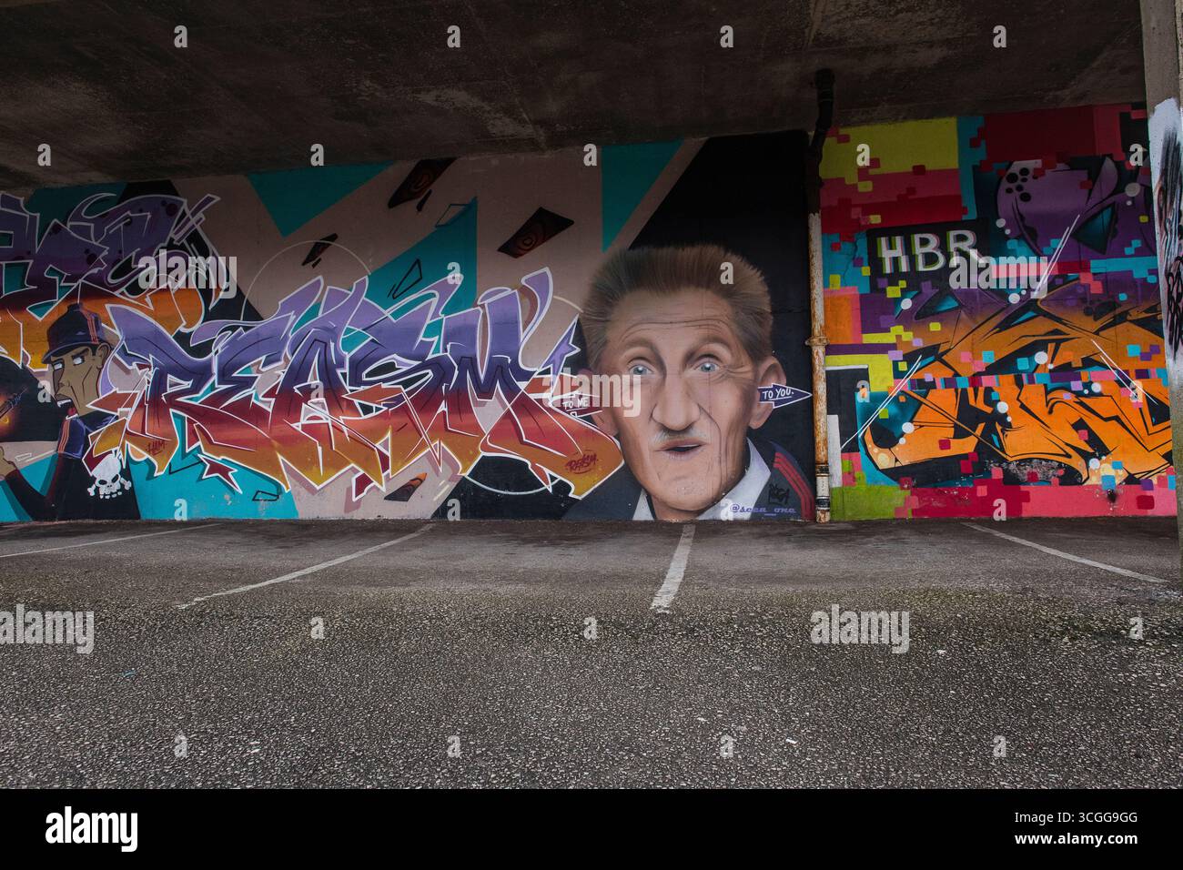 Muriel of Barry, one of the Chuckle Brothers in a Parking area in Blackpool Stock Photo