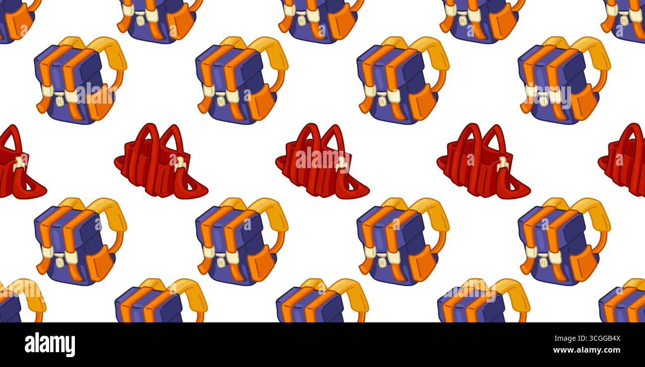 Seamless Cartoon School Bag Pattern. Colorful school backpacks and bags in cartoon style. Flat seamless pattern on white background. Stock Vector