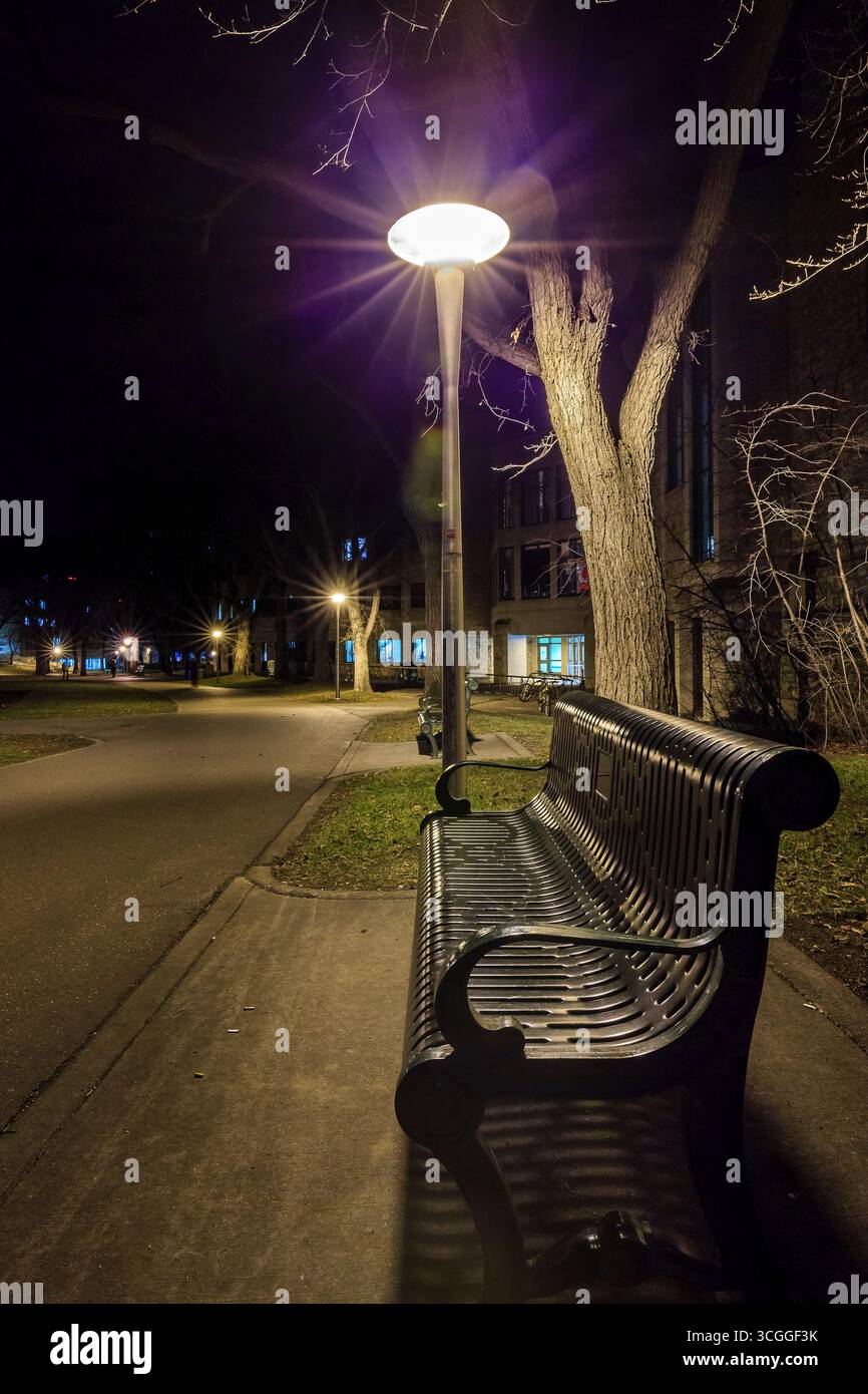 The University of Saskatchewan in Saskatoon, featuring historic Collegiate Gothic architecture, tree-lined grounds, and its scenic riverfront campus. Stock Photo