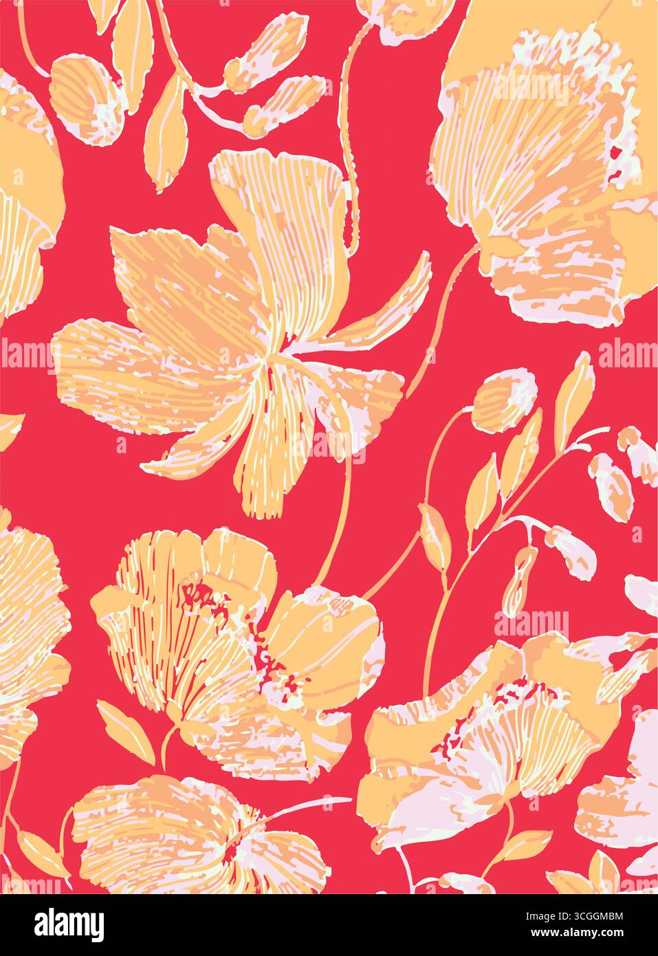 Floral seamless pattern features large, stylized white and pink magnolia flowers with a translucent or ghostly appearance on a solid terracotta Stock Vector