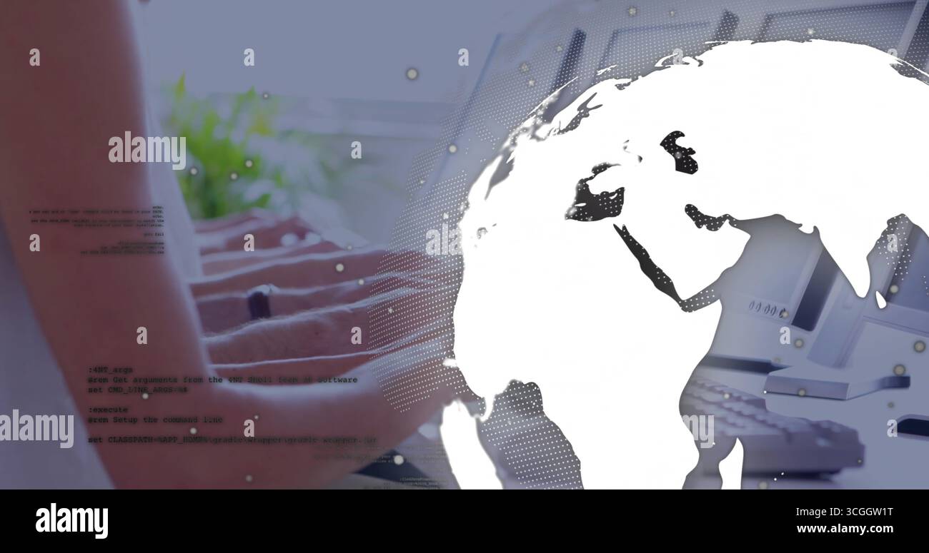 Typing developers' hands writing code on laptop keyboards at office desk, with globe overlay Stock Photo