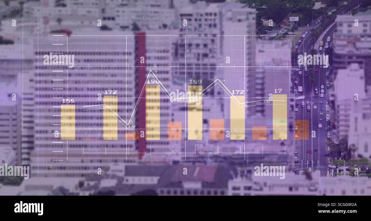 Displaying translucent bar chart and line graph over aerial city street ...