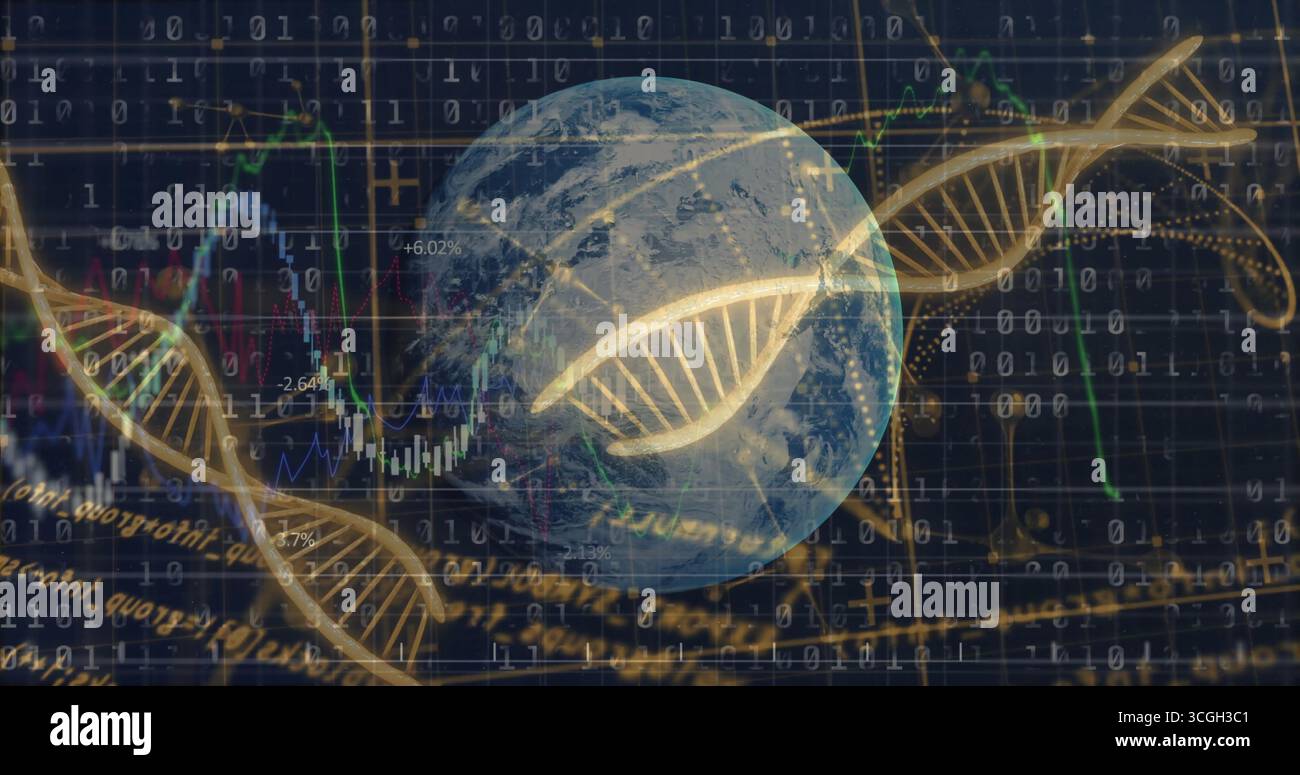 Blending Earth globe and DNA helix in digital data space, with binary code and line charts Stock Photo