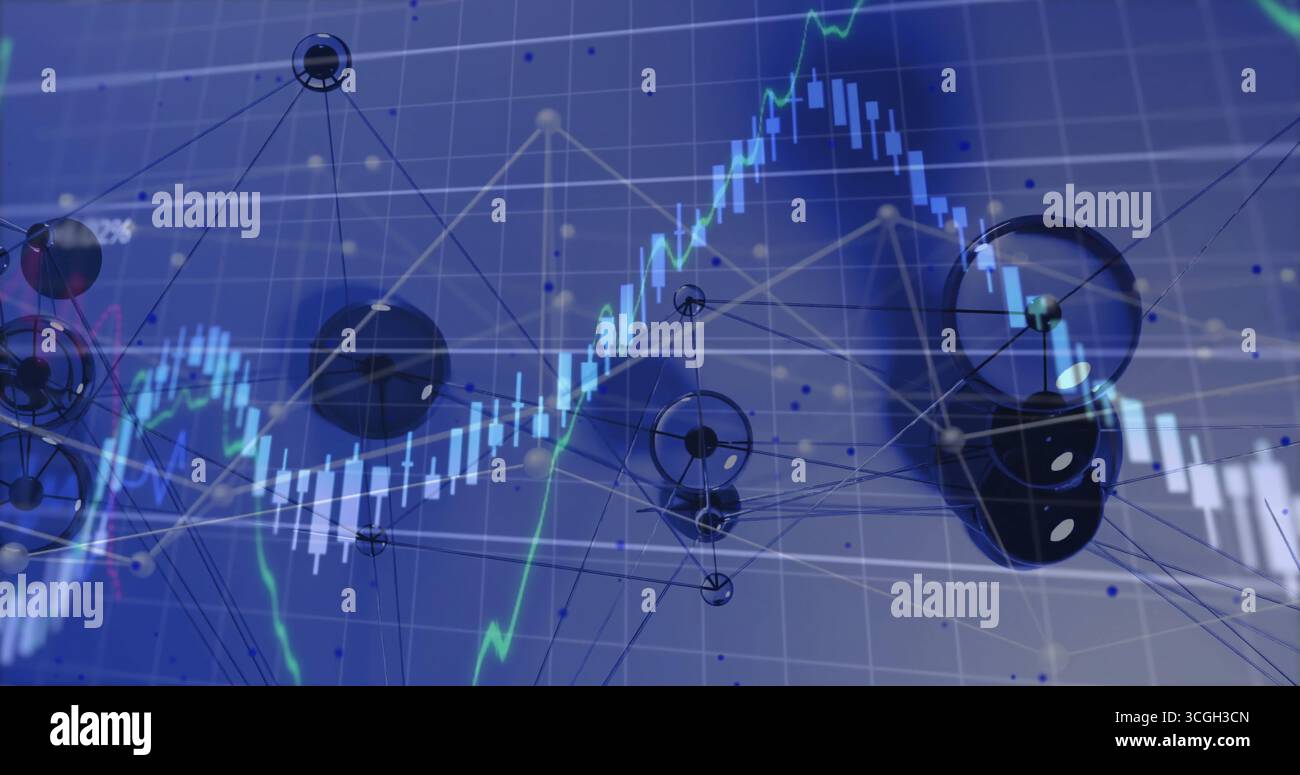 Displaying 3D network nodes and candlestick bars floating on grid interface, with green trend line Stock Photo