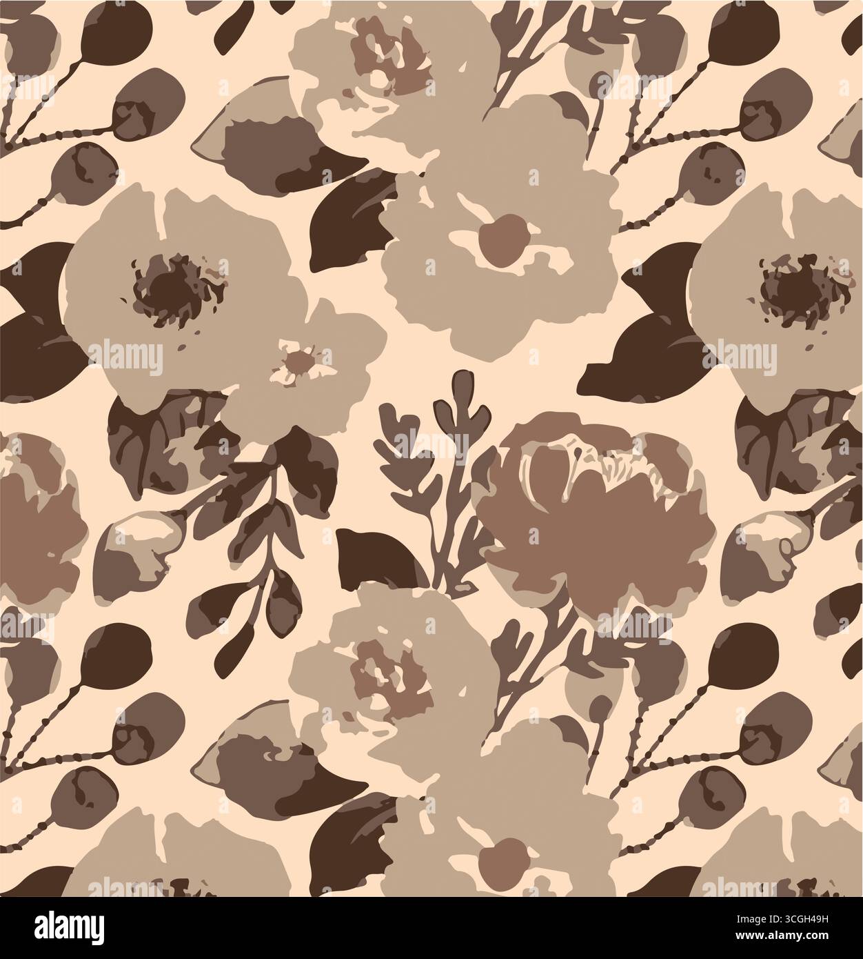 Floral seamless pattern features large, stylized white and pink magnolia flowers with a translucent or ghostly appearance on a solid terracotta Stock Vector
