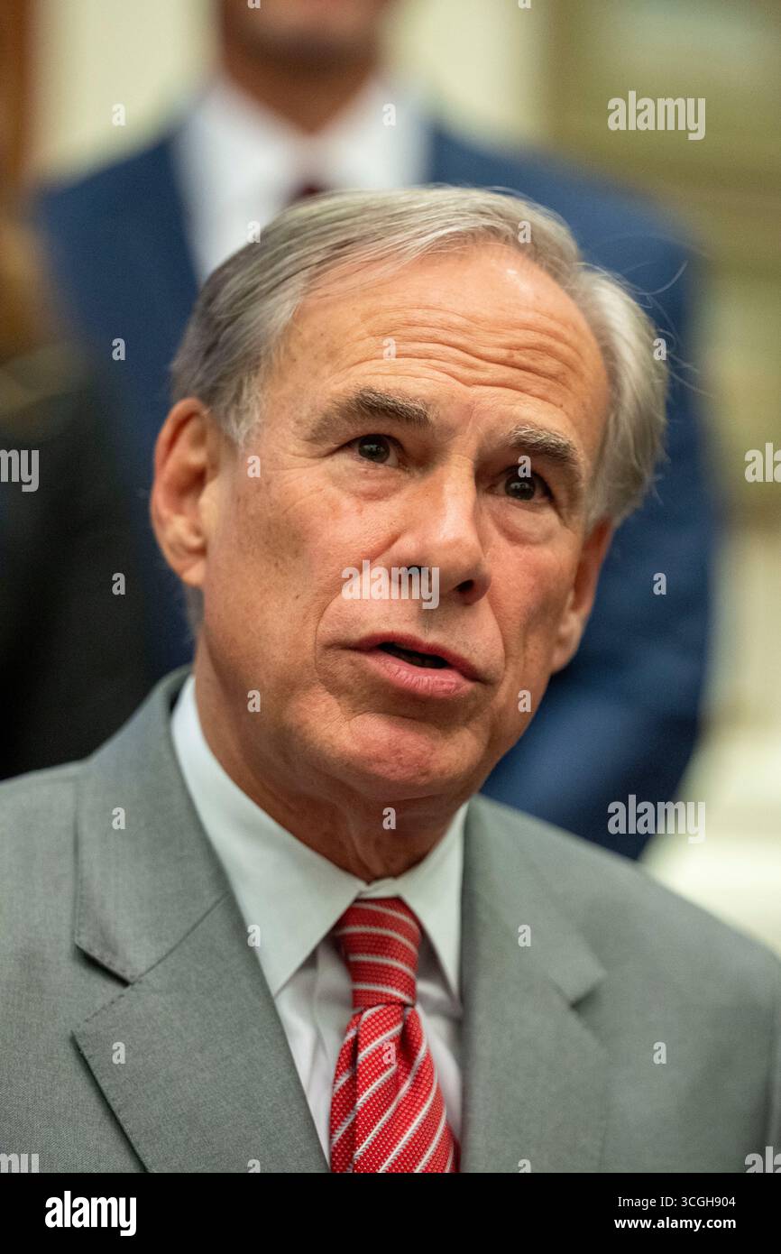 Austin, United States. 28th Aug, 2025. Texas Governor GREG ABBOTT speaks to the press about Texas' health care initiatives in a press conference with HHS Secretary Robert F. Kennedy, Jr. (not shown) at the Texas Capitol on August 28, 2025. Kennedy is facing questions about his role in recent Centers for Disease Control (CDC) shakeups. Credit: Bob Daemmrich/Alamy Live News Stock Photo