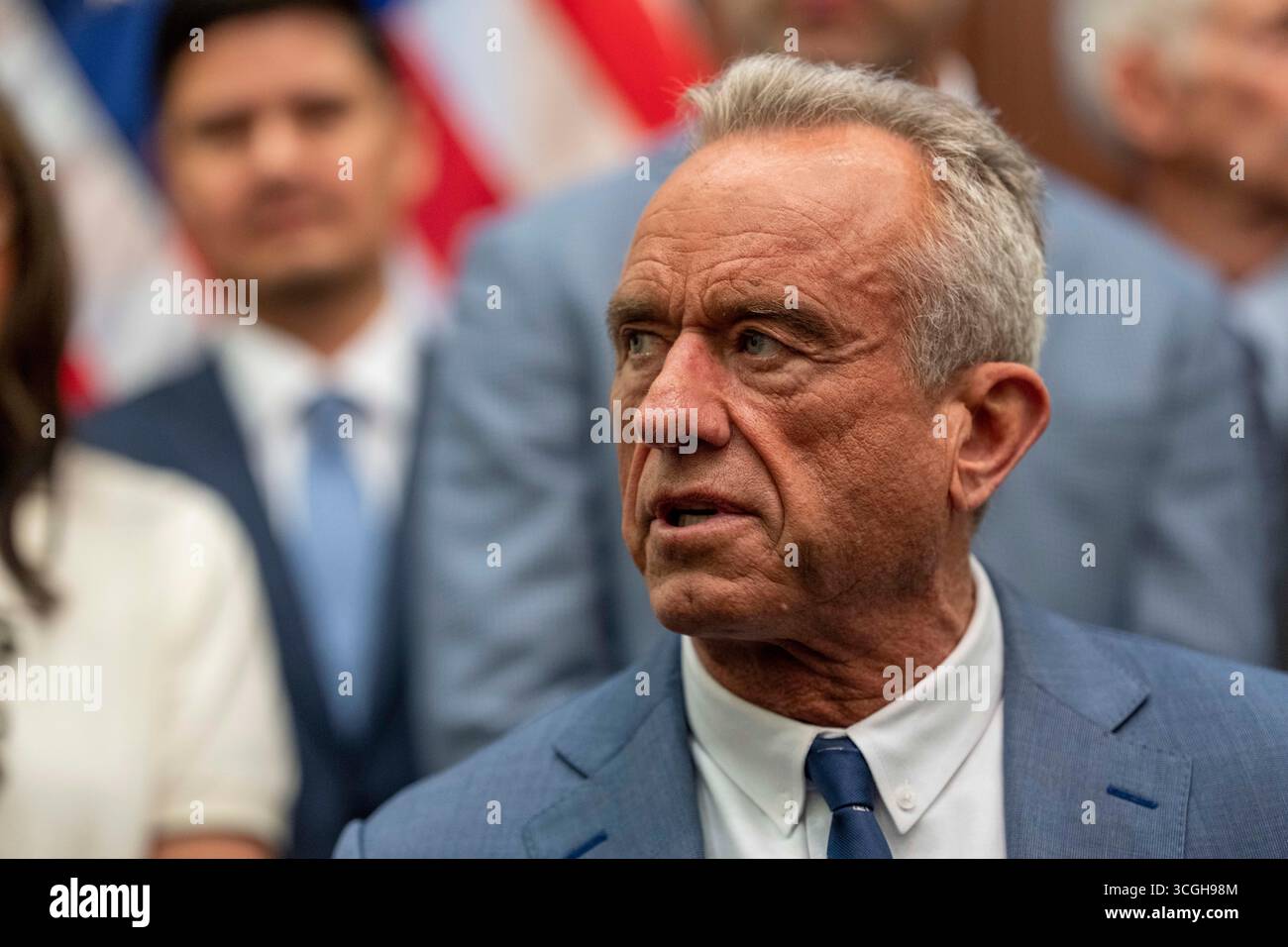 Austin, United States. 28th Aug, 2025. U.S. Secretary of Heath and Human Services (HHS) ROBERT F. KENNEDY, JR. speaks to the press about Texas' health care initiatives in a press conference with Texas Governor Greg Abbott (not shown) at the Texas Capitol on August 28, 2025. Kennedy is facing questions about his role in recent Centers for Disease Control (CDC) shakeups. Credit: Bob Daemmrich/Alamy Live News Stock Photo