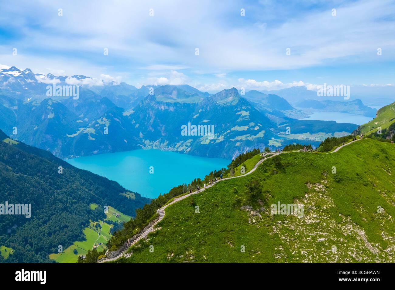 Aerial view of the trail on the crest leading from Klingenstock to Fronalpstock. Stoos, Canton of Schwyz, Schwyzer Alps, Switzerland. Stock Photo