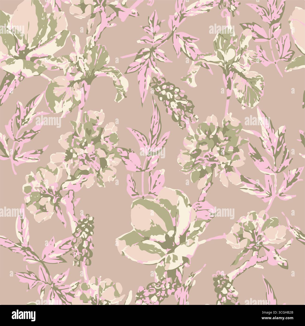 Floral seamless pattern features large, stylized white and pink magnolia flowers with a translucent or ghostly appearance on a solid terracotta Stock Vector