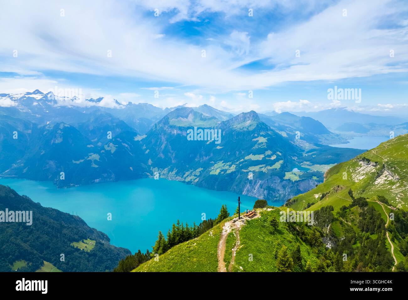 Aerial view of the trail on the crest leading from Klingenstock to Fronalpstock. Stoos, Canton of Schwyz, Schwyzer Alps, Switzerland. Stock Photo
