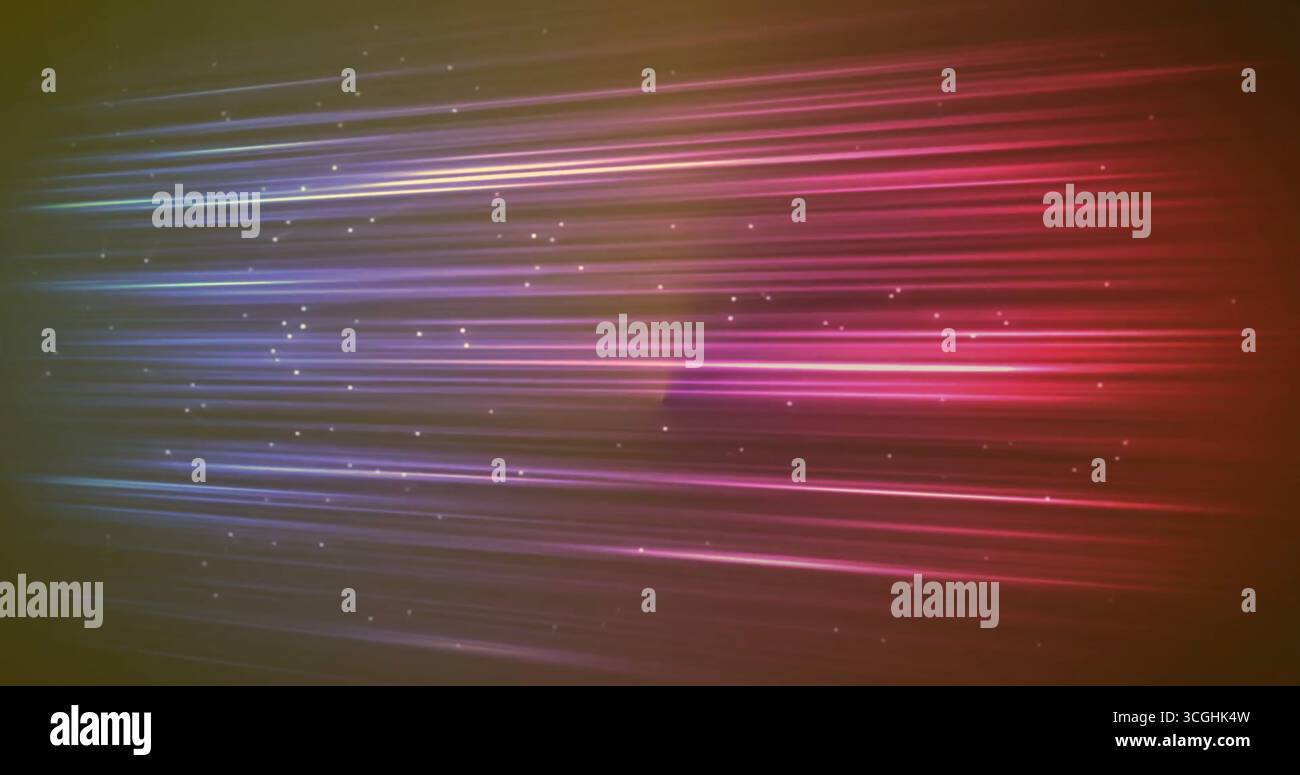 Streaming horizontal light streaks shifting across digital canvas, with glowing particle effects Stock Photo